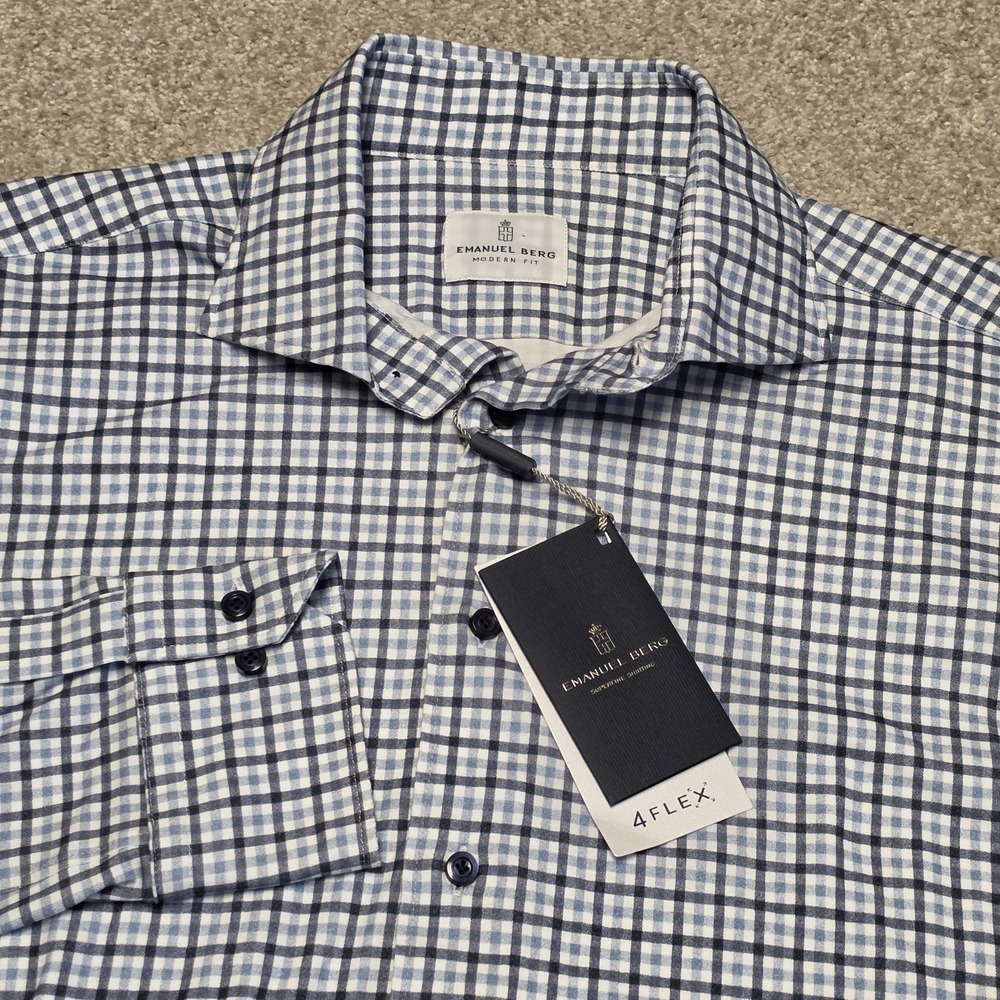 Emanuel Berg Byron Mens Shirt M 15.75 Blue Plaid 4Flex Modern Fit Performance